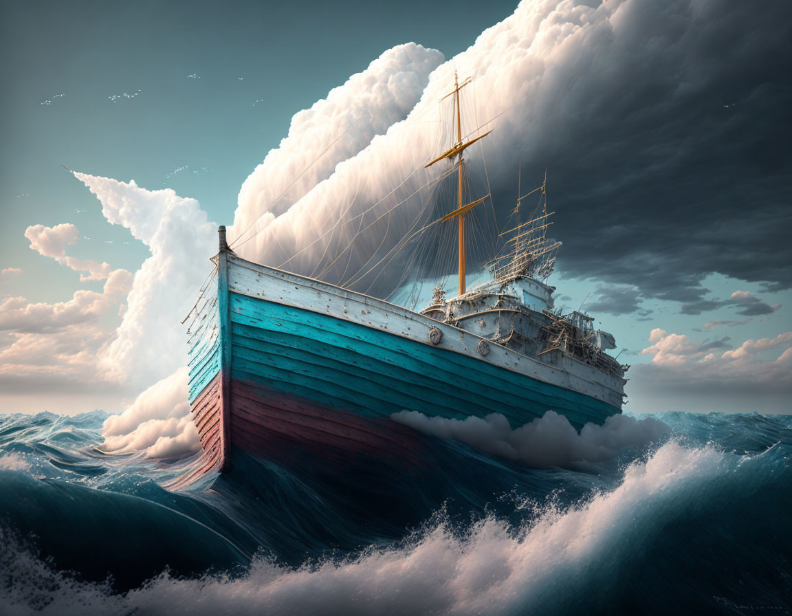 Vintage Ship Sailing in Tumultuous Ocean Waves under Dramatic Sky