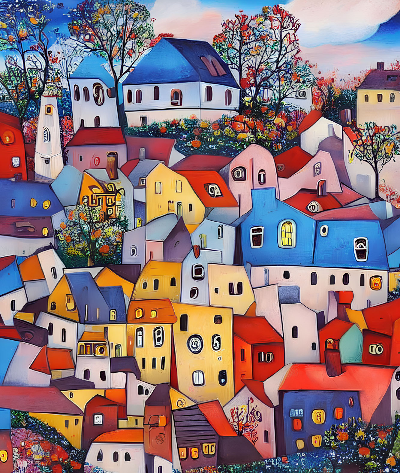 Vibrant painting of whimsical village with trees and blue sky
