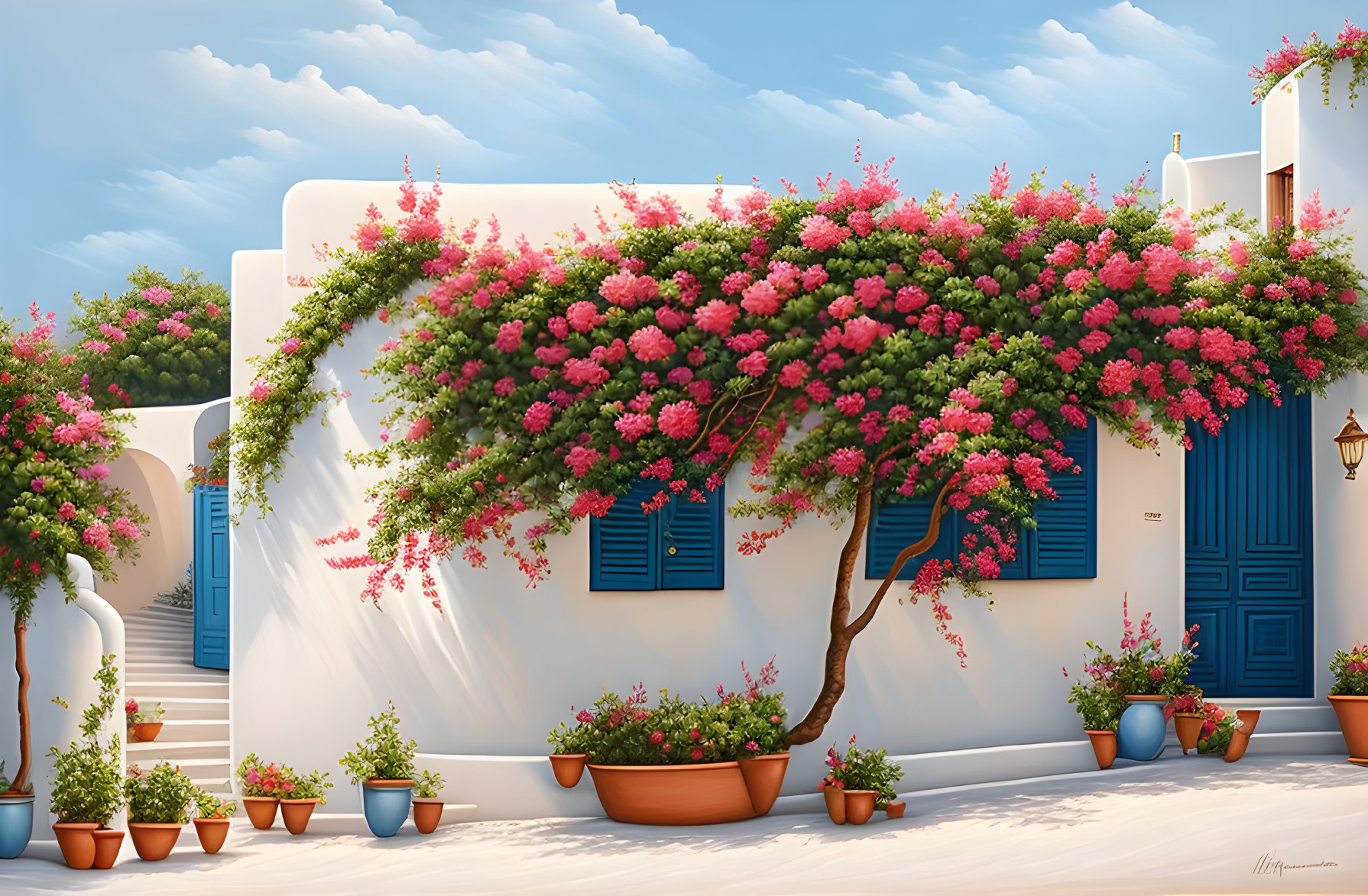White Building with Blue Doors and Pink Bougainvillea Under Blue Sky