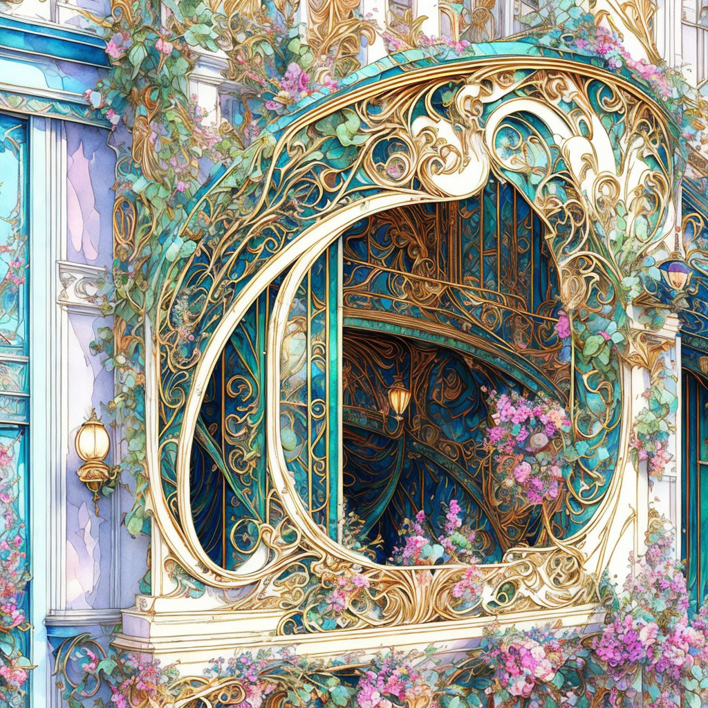 Golden Art Nouveau Balcony with Lush Flowers on Blue Façade