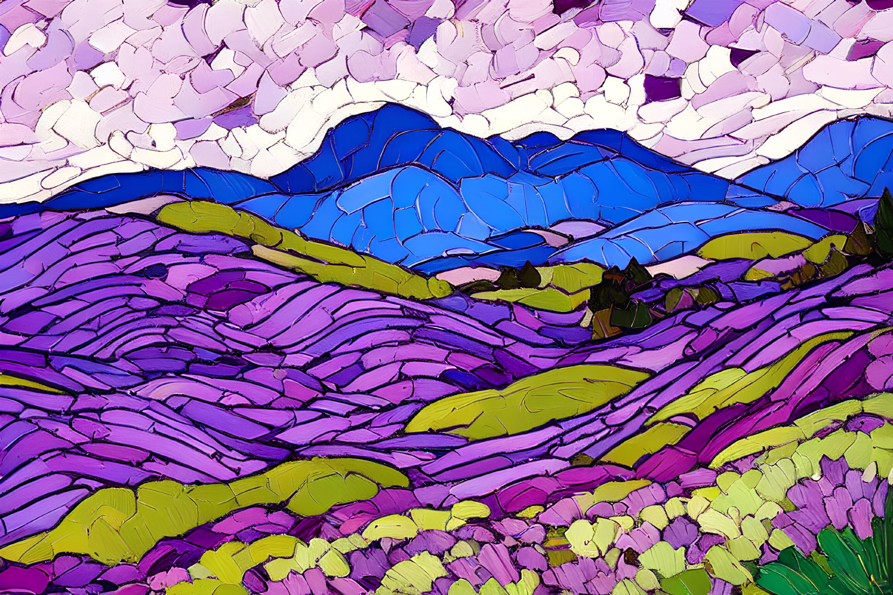 Colorful Mosaic-Style Illustration of Rolling Hills and Pastel Sky