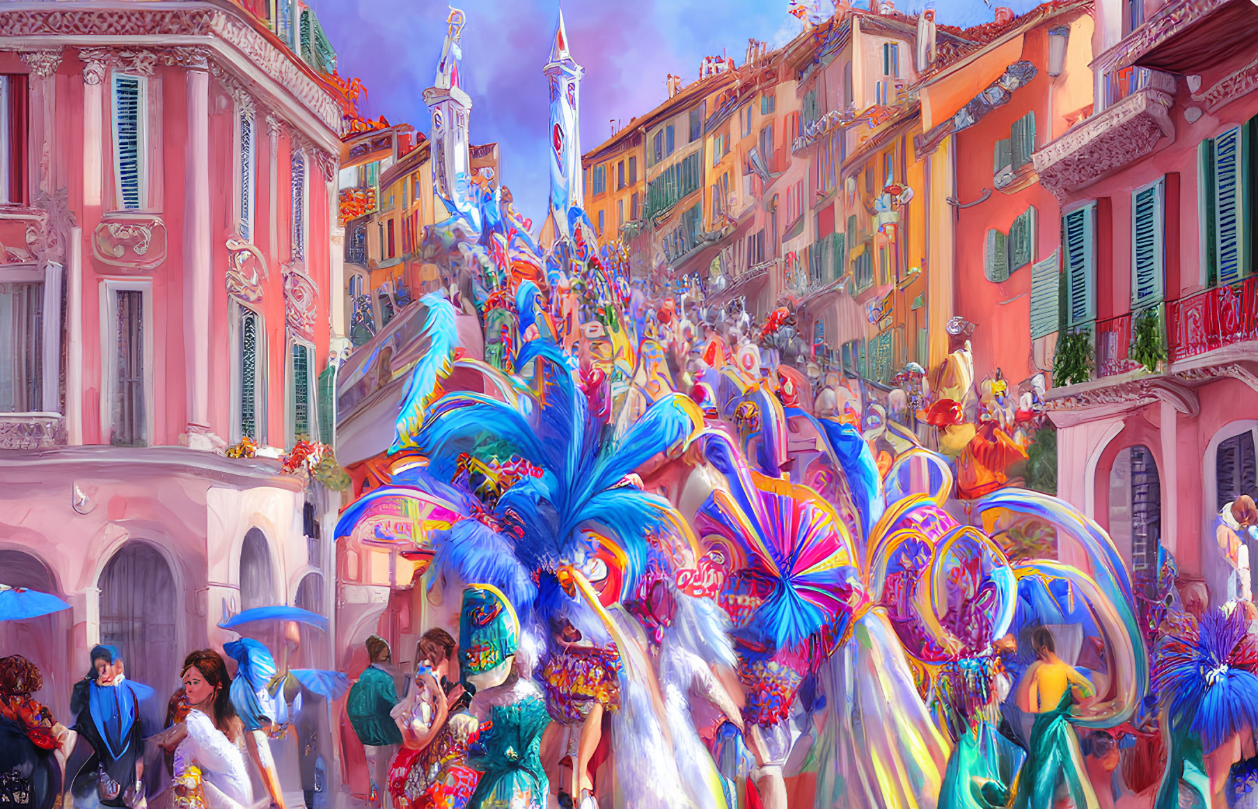 Colorful Street Parade with Elaborate Costumes and Feathers