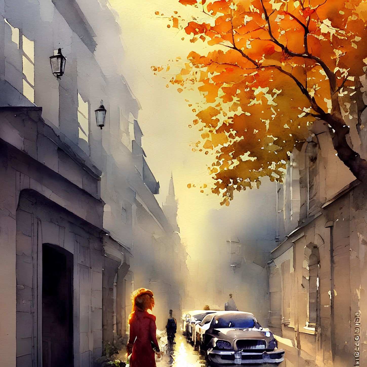 Person walking on sunlit street with vintage cars, autumn trees, and street lamps in golden-hued