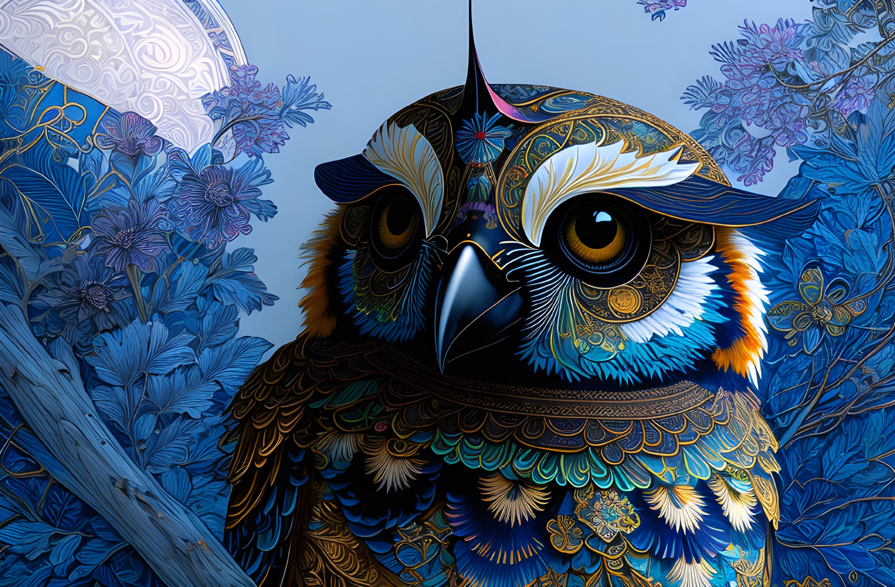 Detailed Owl Illustration with Colorful Feathers on Blue Floral Background