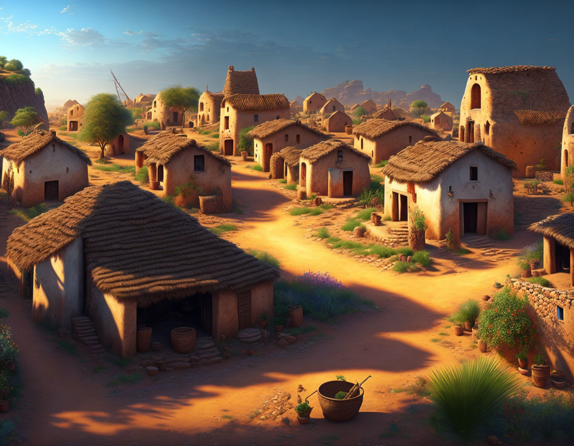 Traditional village with thatched-roof huts in desert landscape at dusk
