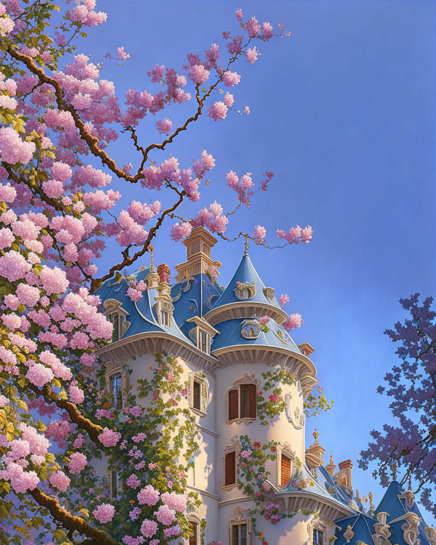 Vibrant fairytale castle with blue roofs amid pink cherry blossoms