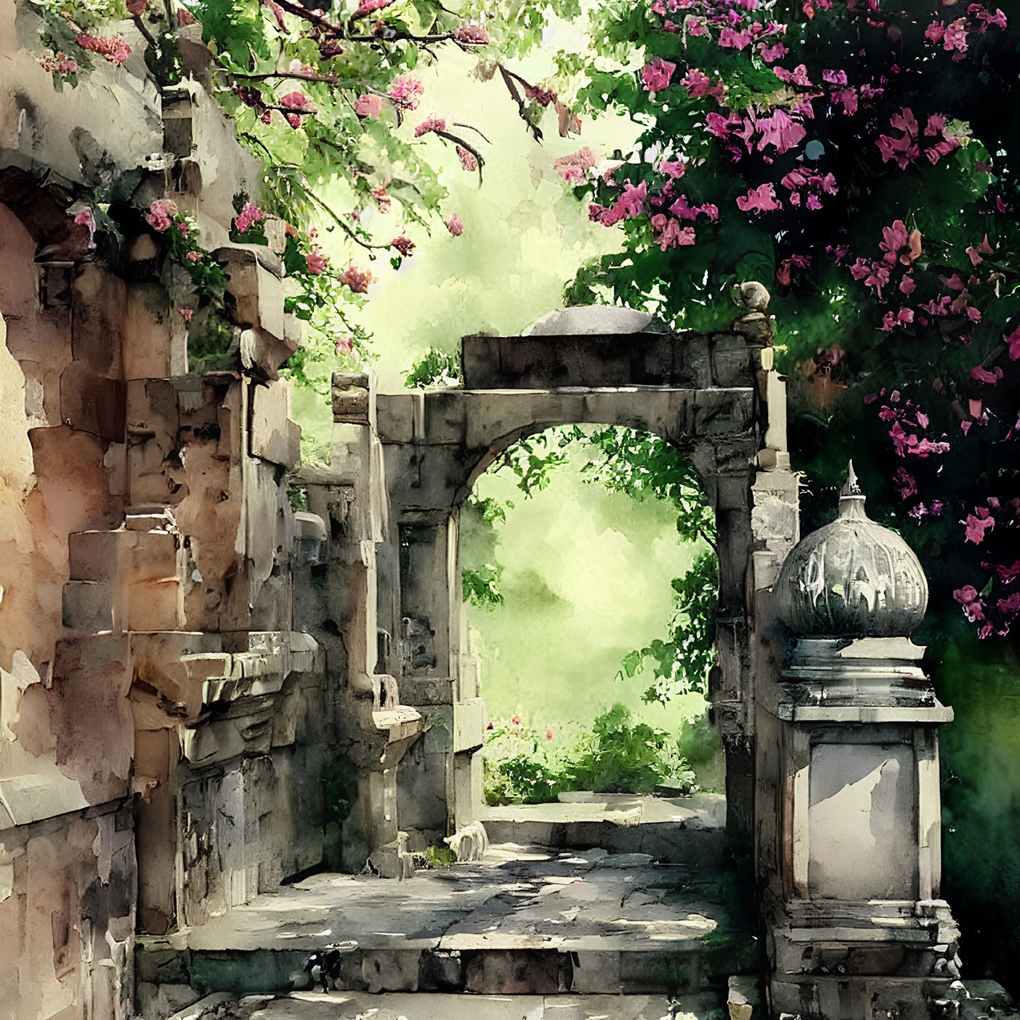 Watercolor painting of old stone archway in garden with lush trees and pink blossoms