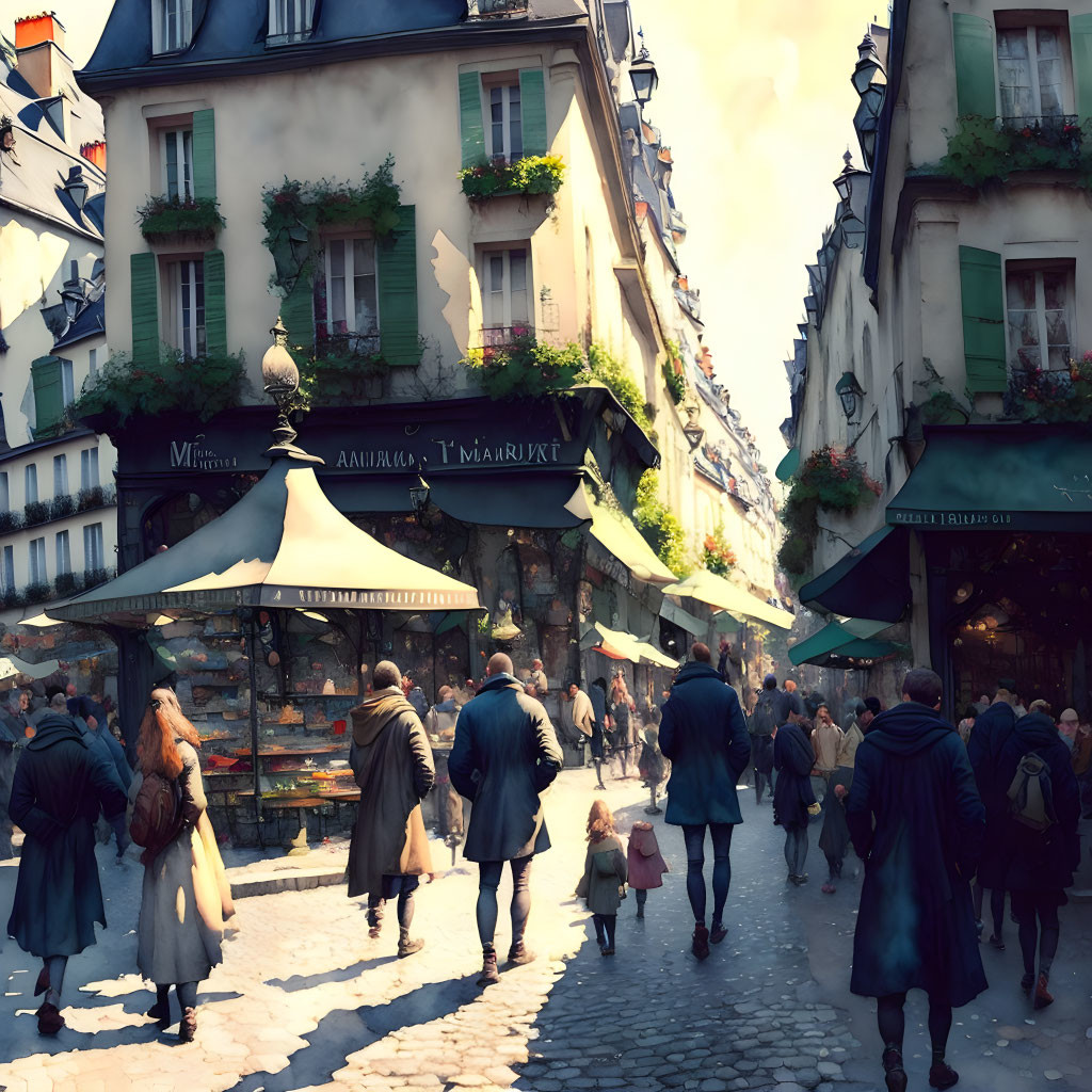 Busy Parisian Street Scene with People, Child, Buildings, and Market Stalls
