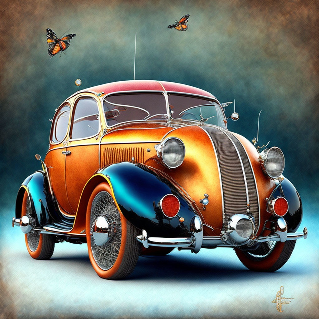Classic Orange and Black Car with Chrome Details and Spoked Wheels on Textured Background with Butterflies