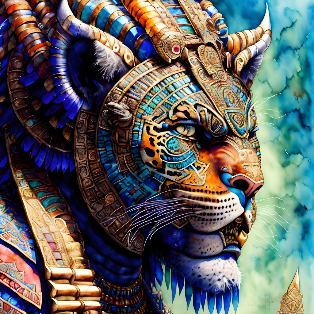 Colorful Tiger with Egyptian Headdress on Cloudy Sky Background