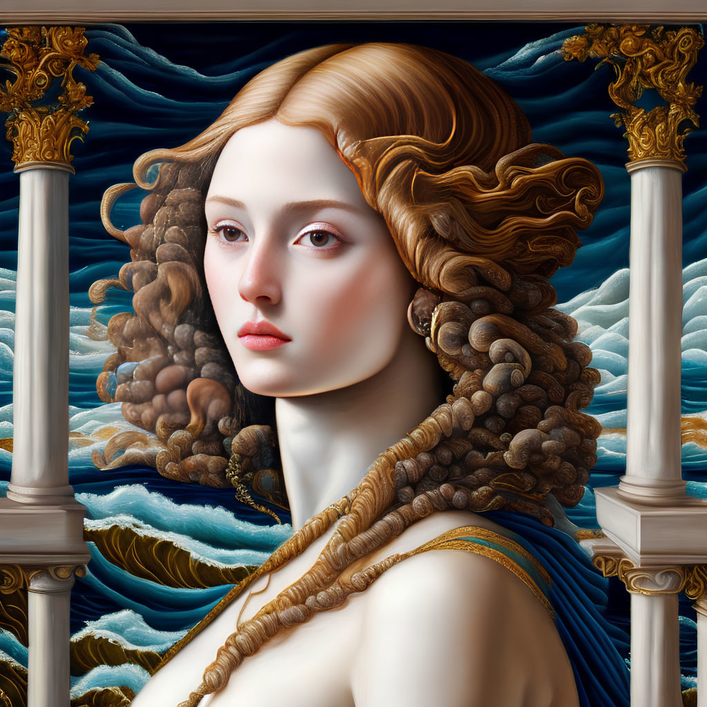 Intricate surreal portrait of woman with classical features amidst stormy seas.