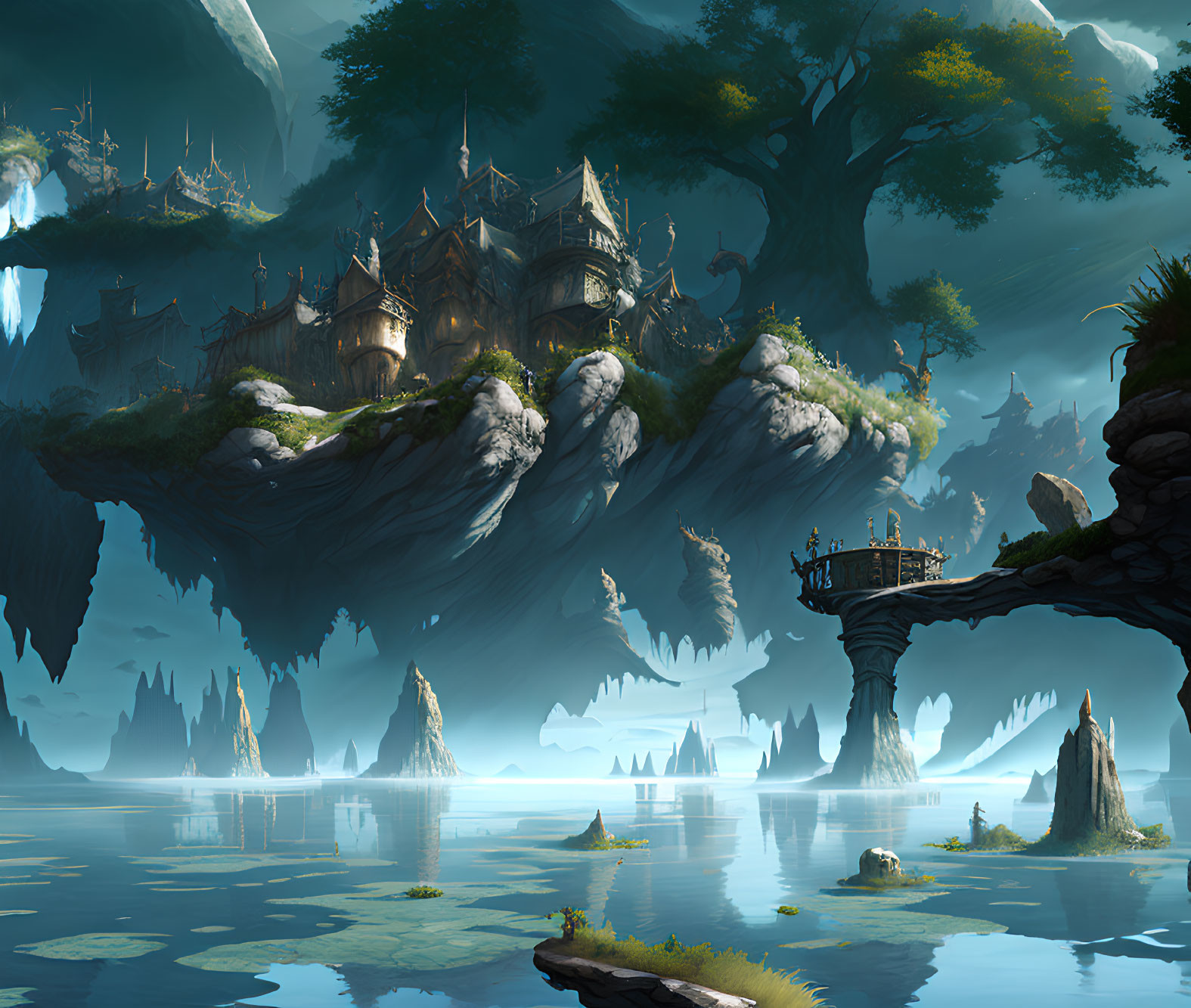 Floating Islands and Tree Houses in Ethereal Fantasy Landscape