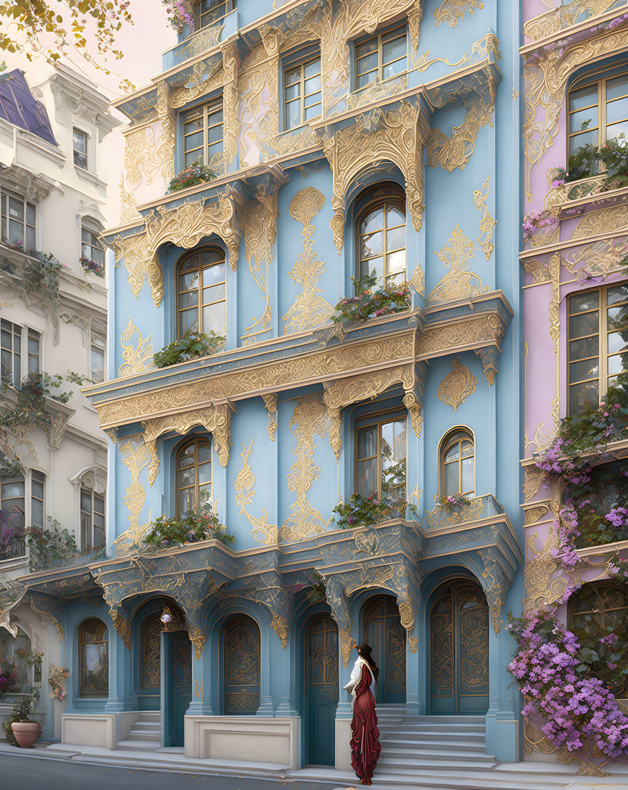 Woman in red dress in front of vibrant blue ornate building with pink facades and purple flowers