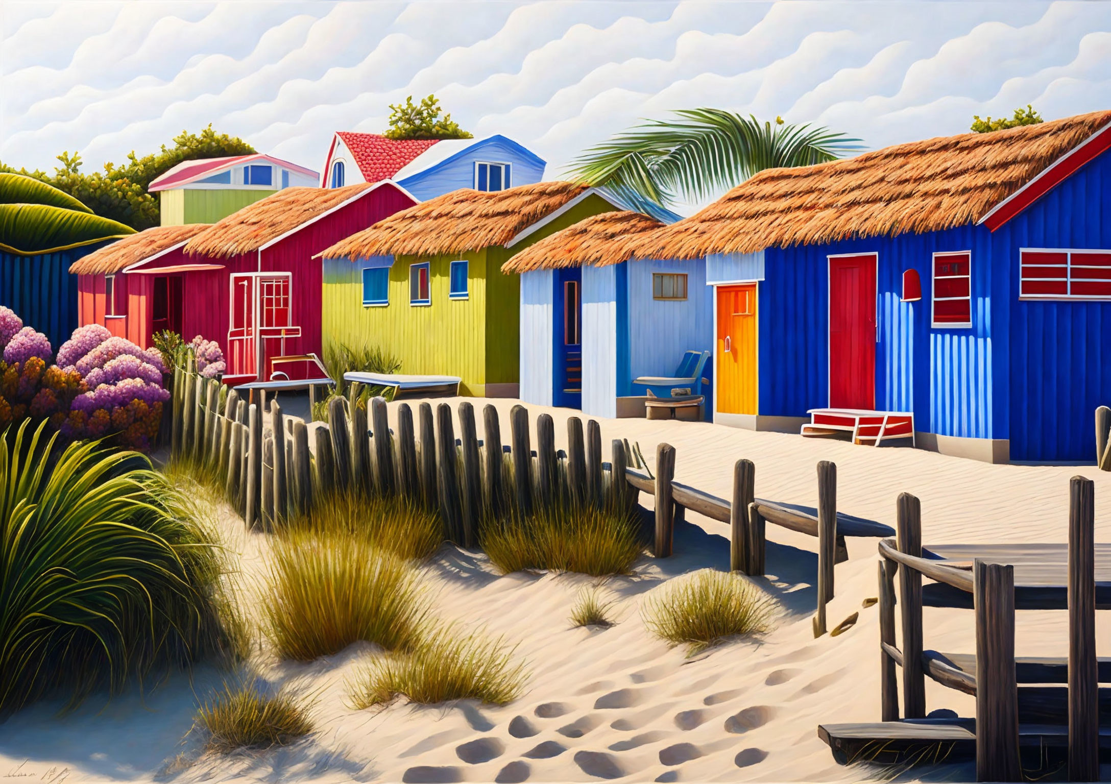 Vibrant beach huts with thatched roofs on sandy path amid greenery under blue sky