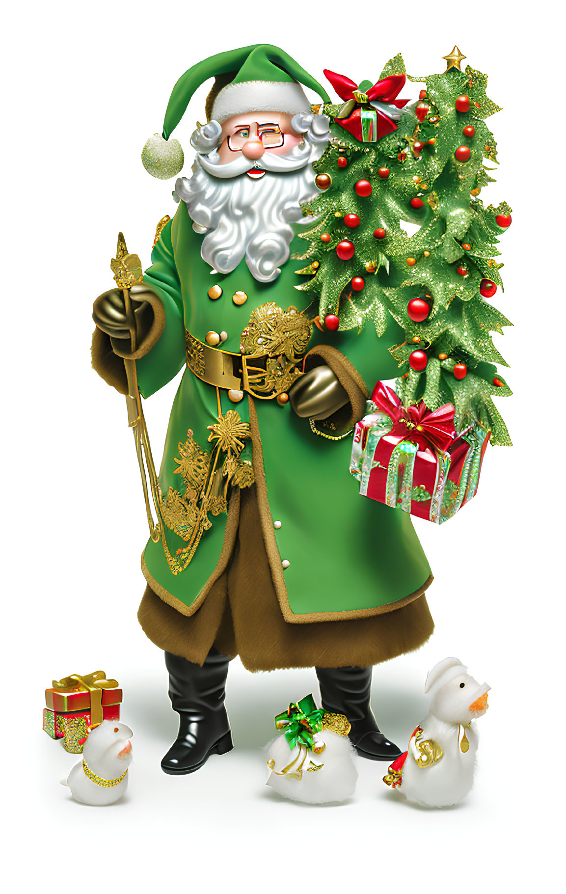 Cheerful Santa Claus with Christmas tree, gifts, snowman, and ducks