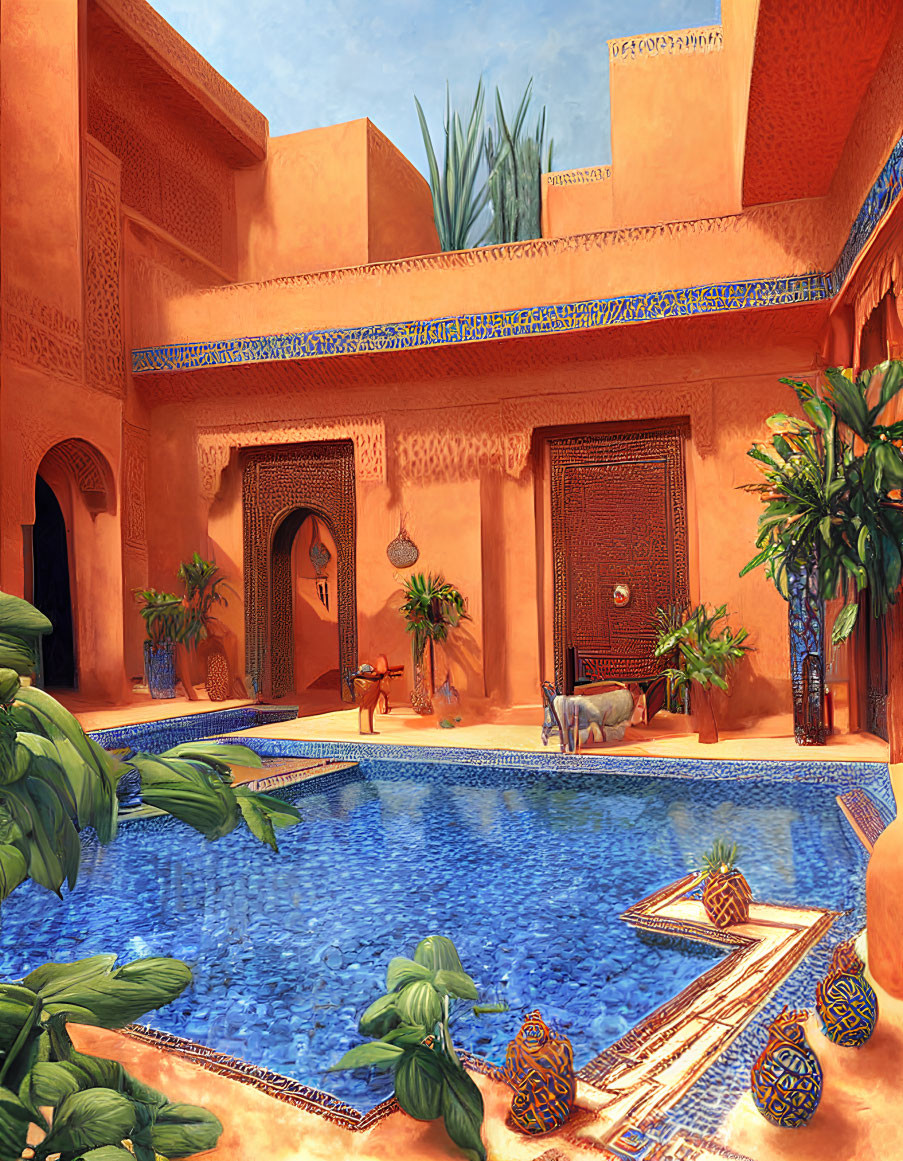 Tranquil Courtyard with Blue Pool and Arabic-Inspired Architecture