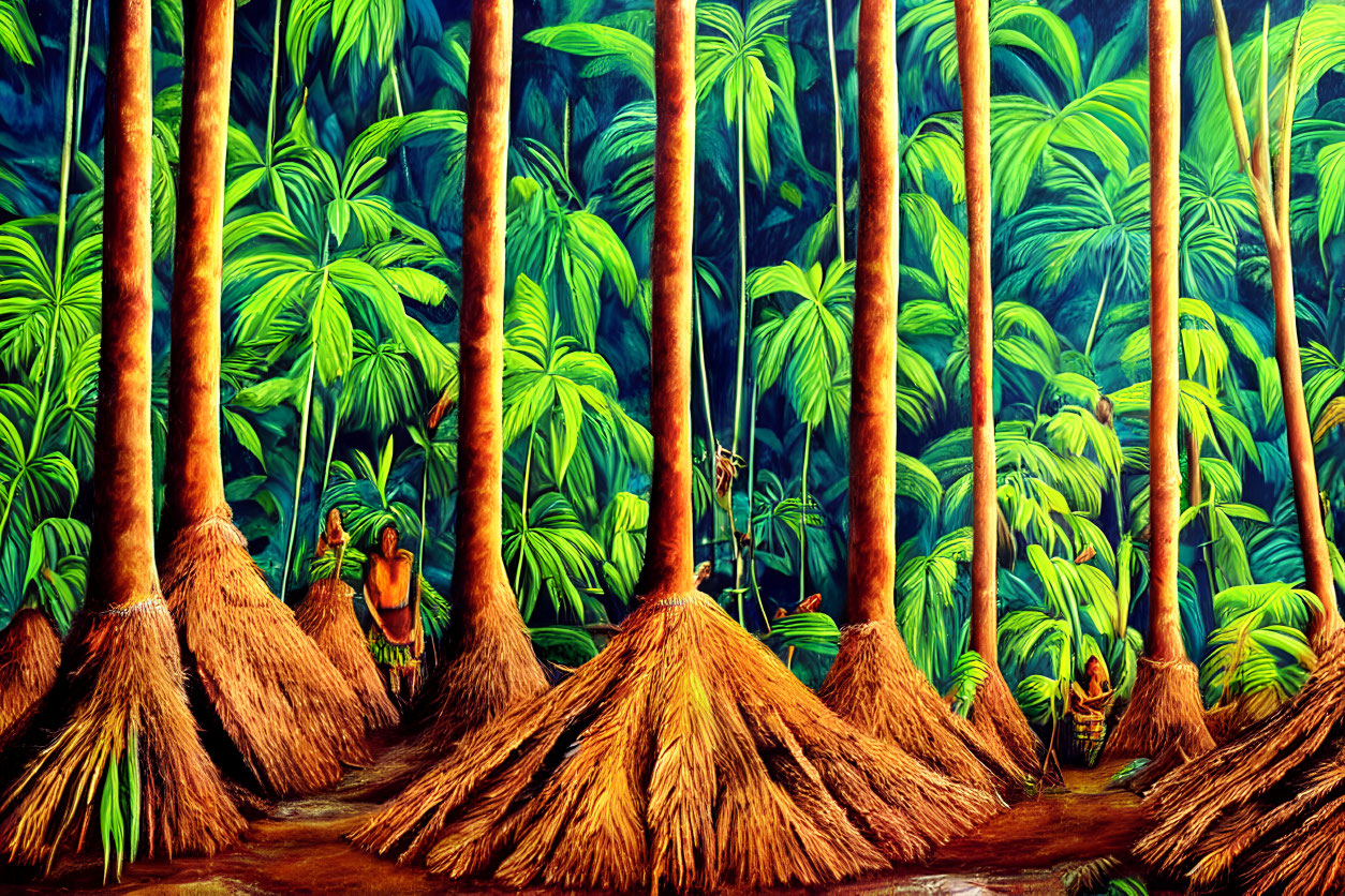 Colorful Jungle Scene with Tall Trees and Hidden Figures