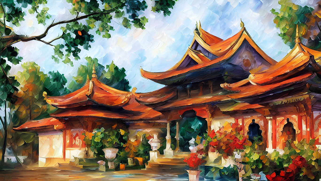 Colorful East Asian Temple Painting Among Foliage and Sky