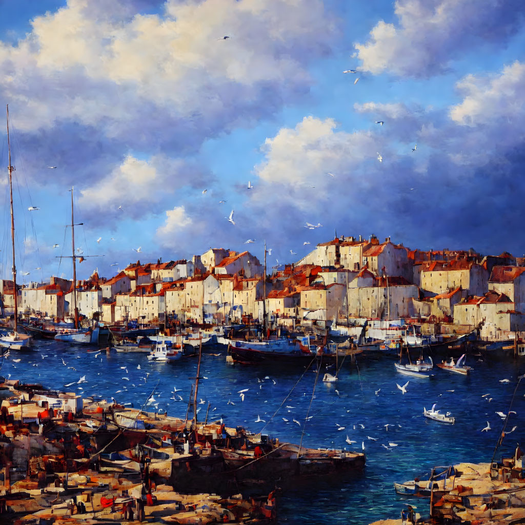 Seaside town painting with boats, red roofs, and seagulls