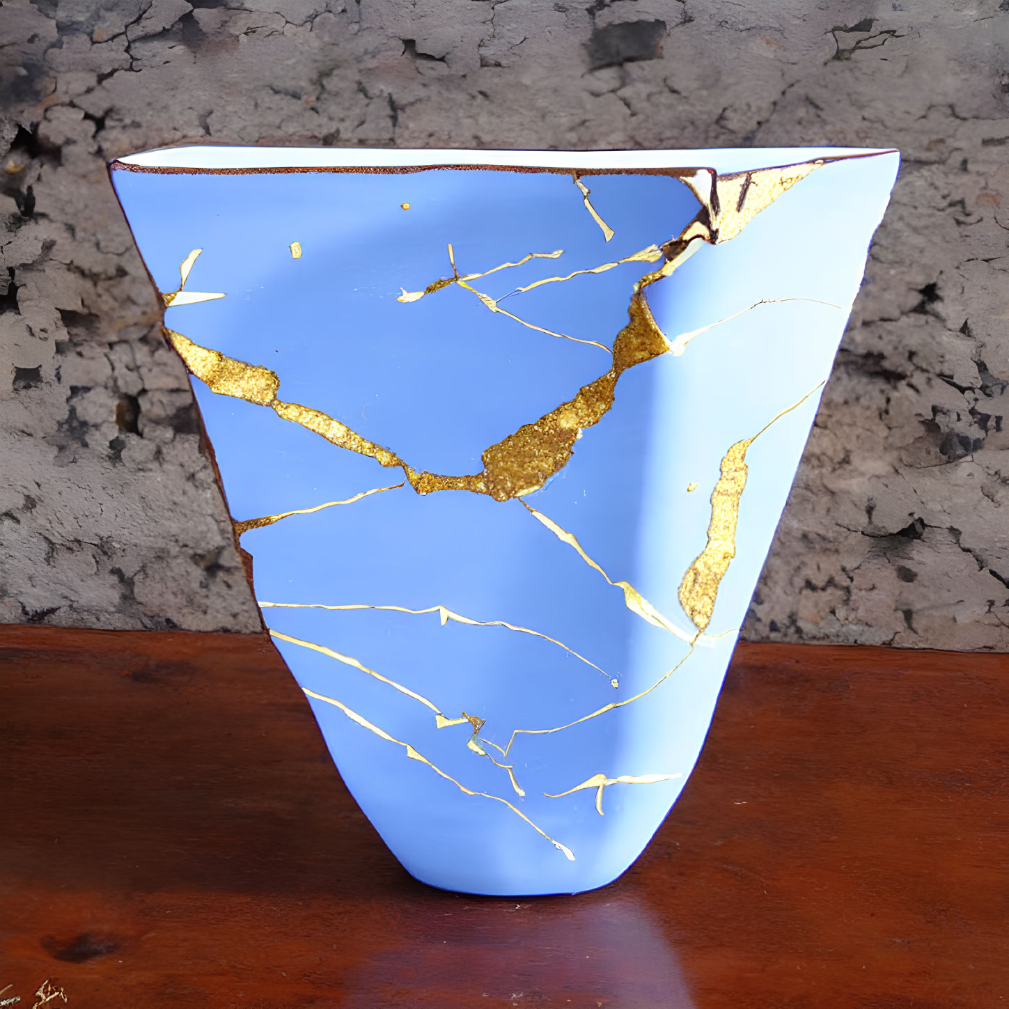 Blue Ceramic Vase with Gold Kintsugi Repair on Wooden Surface