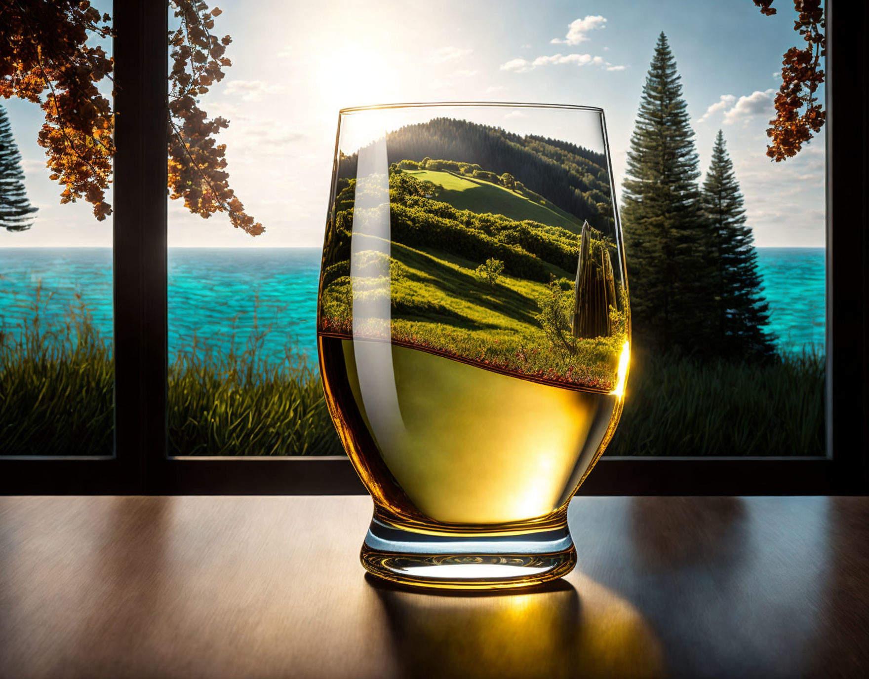 Whiskey glass reflecting countryside and ocean on wooden table