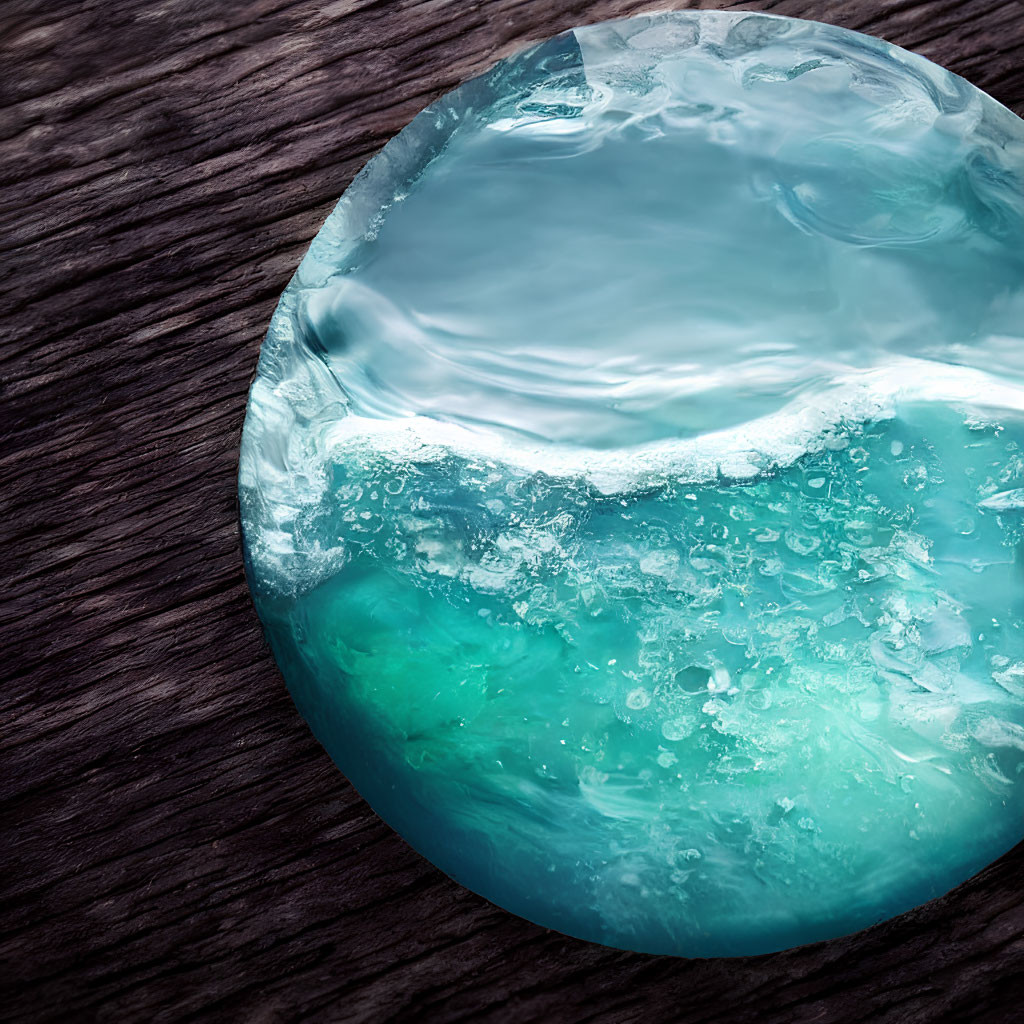 Translucent blue round object with sea-like pattern on wooden surface