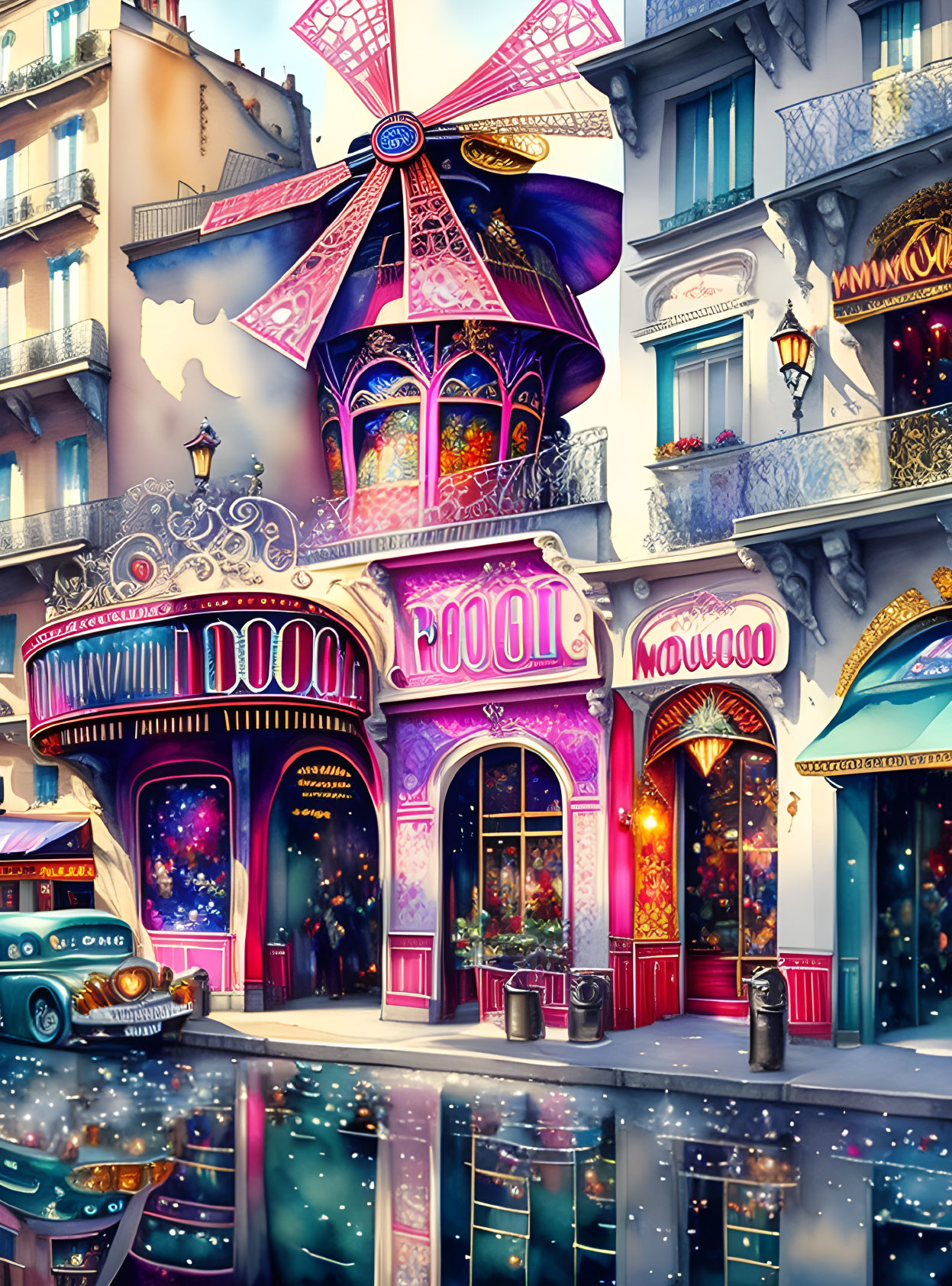 Whimsical Parisian street with Moulin Rouge windmill, vintage car, and glowing store fronts