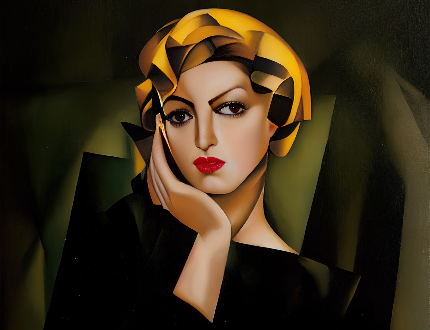 Stylized portrait of a woman with striking gaze and red lips
