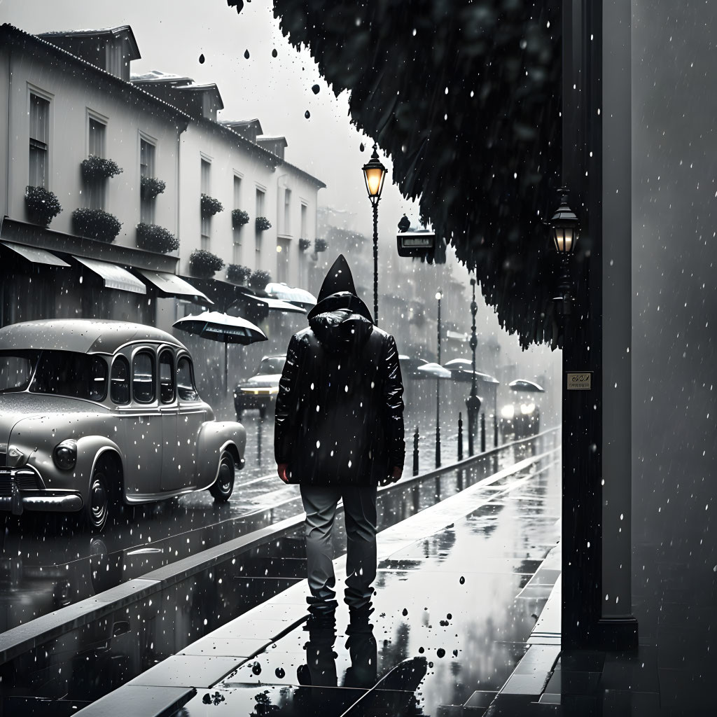 Snow-covered street with vintage cars, person holding umbrella under street lamps