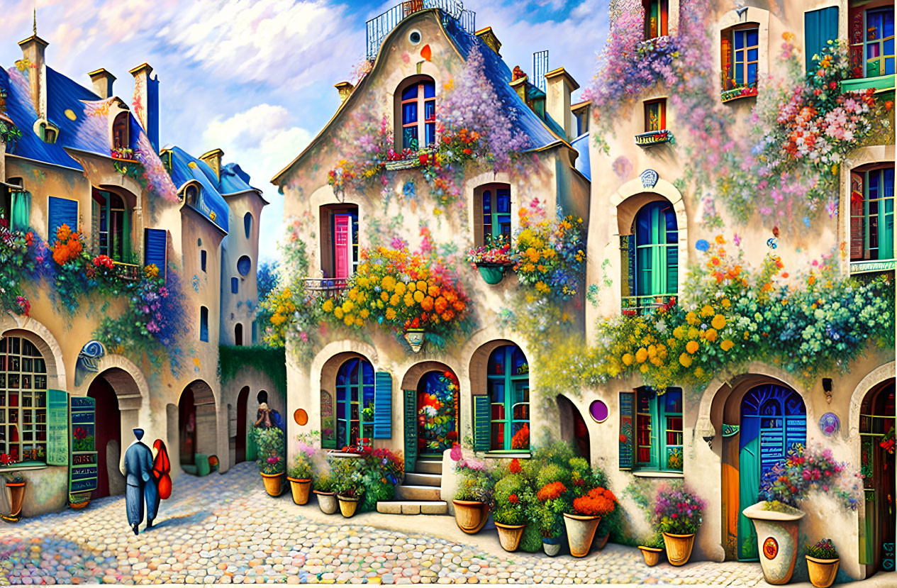 Colorful street scene with buildings, flowers, plants, and people walking