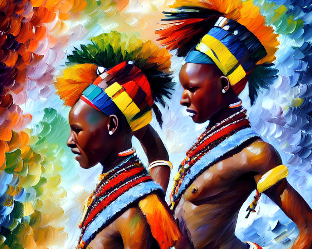 Vibrant African attire painting of two women in colorful headdresses