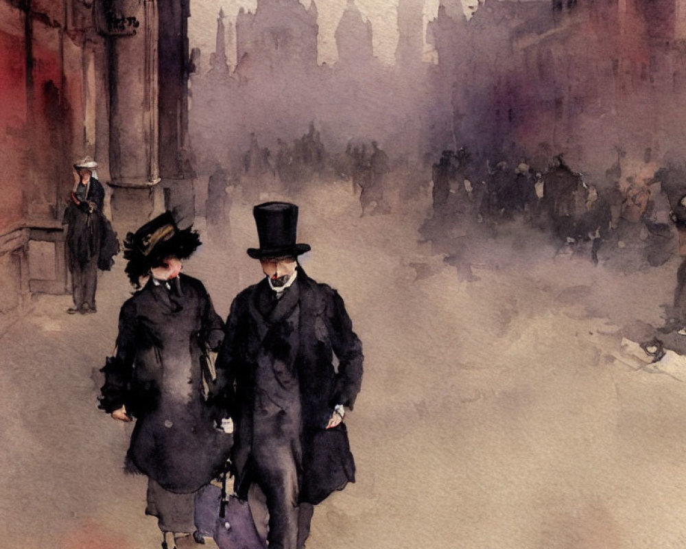 Victorian-era couple in watercolor cityscape with indistinct figures