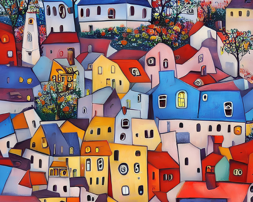 Vibrant painting of whimsical village with trees and blue sky