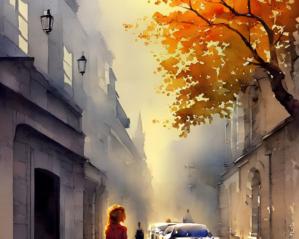 Person walking on sunlit street with vintage cars, autumn trees, and street lamps in golden-hued