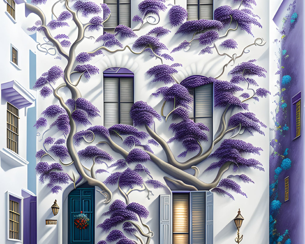 Colorful mural featuring purple tree with patterned fruits beside blue building.