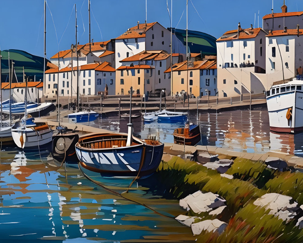 Harbor scene with boats, white buildings, orange roofs, blue sky