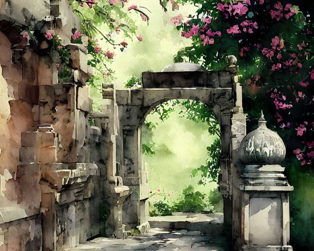Watercolor painting of old stone archway in garden with lush trees and pink blossoms
