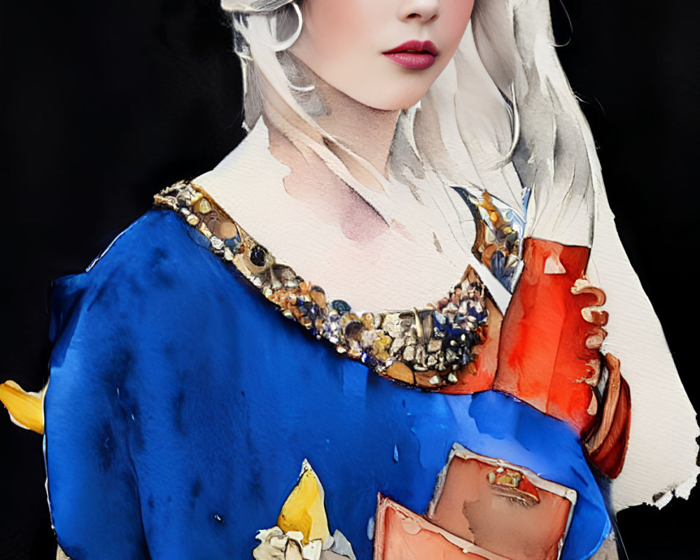 Stylized portrait of woman in royal blue medieval attire with crown and book