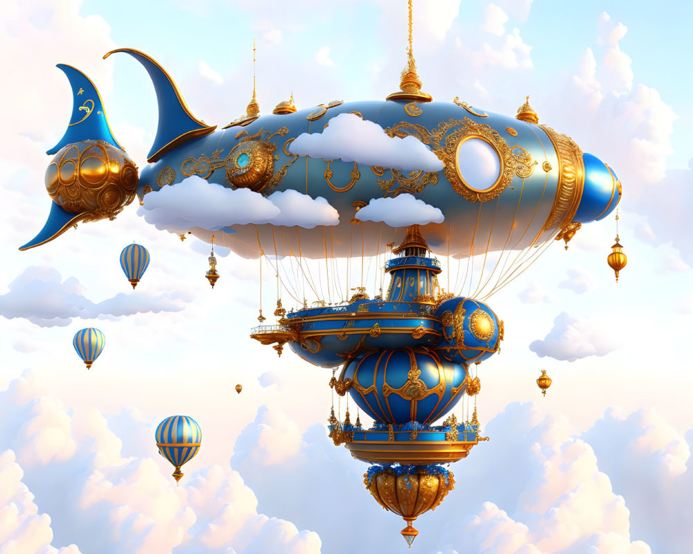 Steampunk-style airship with gold and blue details floating among clouds