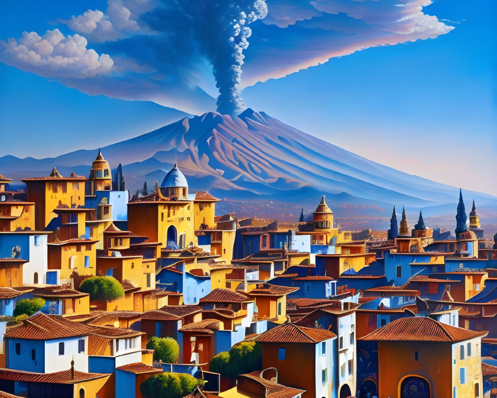 Illustration of town with terracotta rooftops and erupting volcano