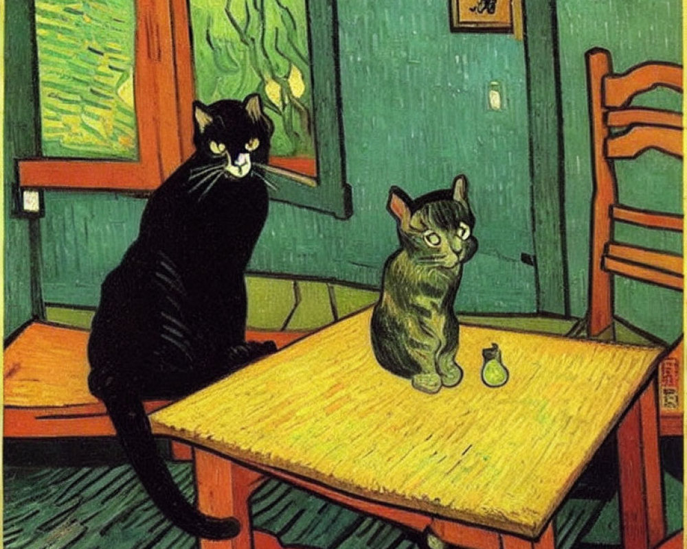 Two cats on wooden table in room with green walls and yellow floor.