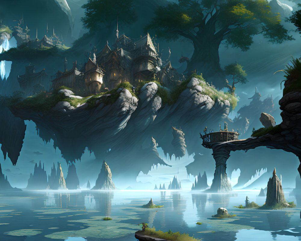Floating Islands and Tree Houses in Ethereal Fantasy Landscape