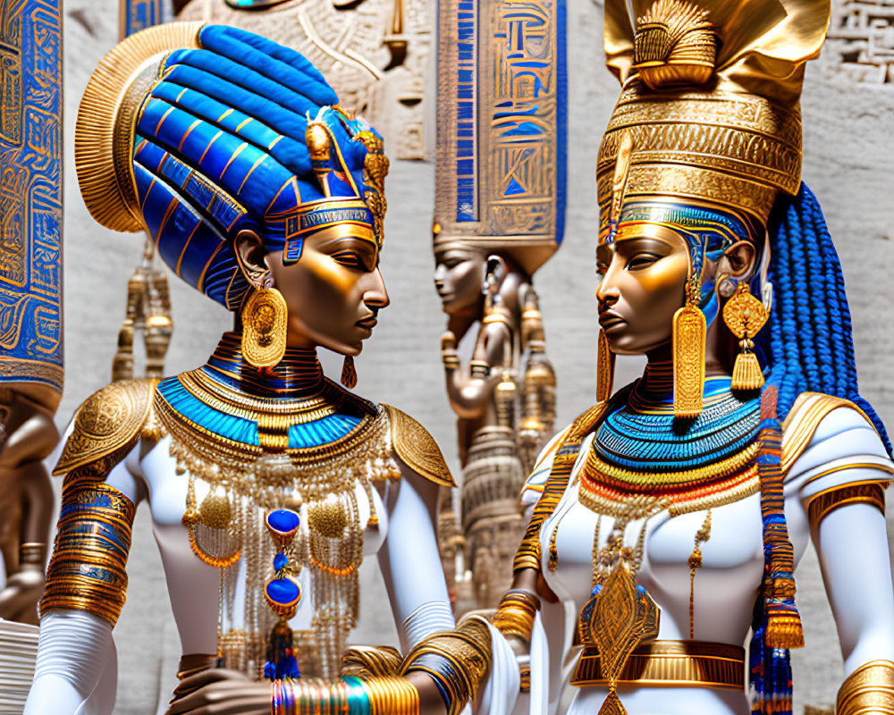 Intricate Egyptian Pharaoh Statues with Golden Headpieces and Hieroglyphic Backdrop