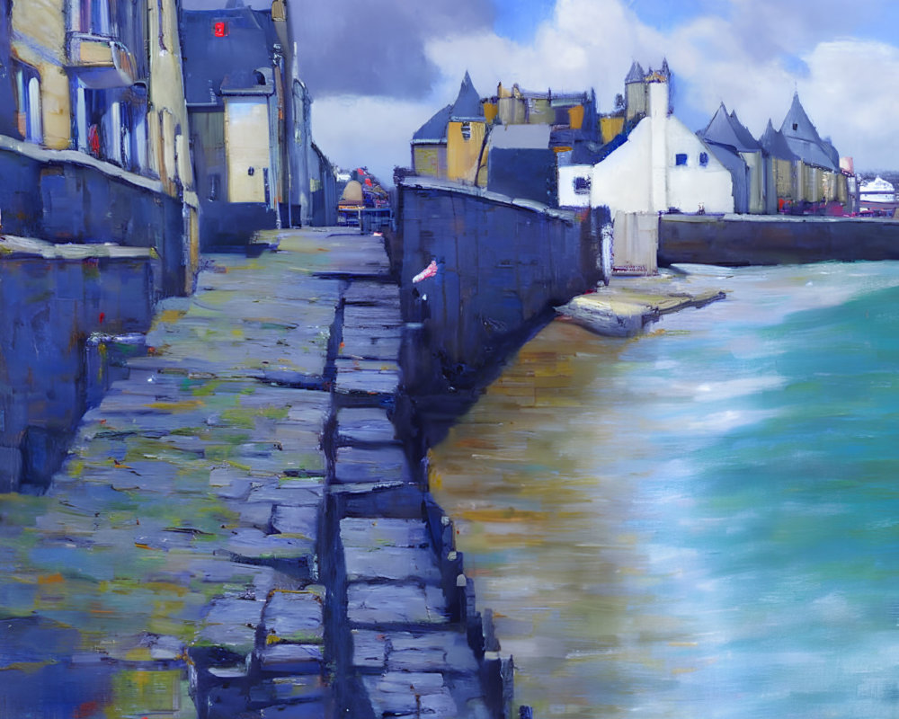 Coastal town painting with stone buildings and sea wall under cloudy sky