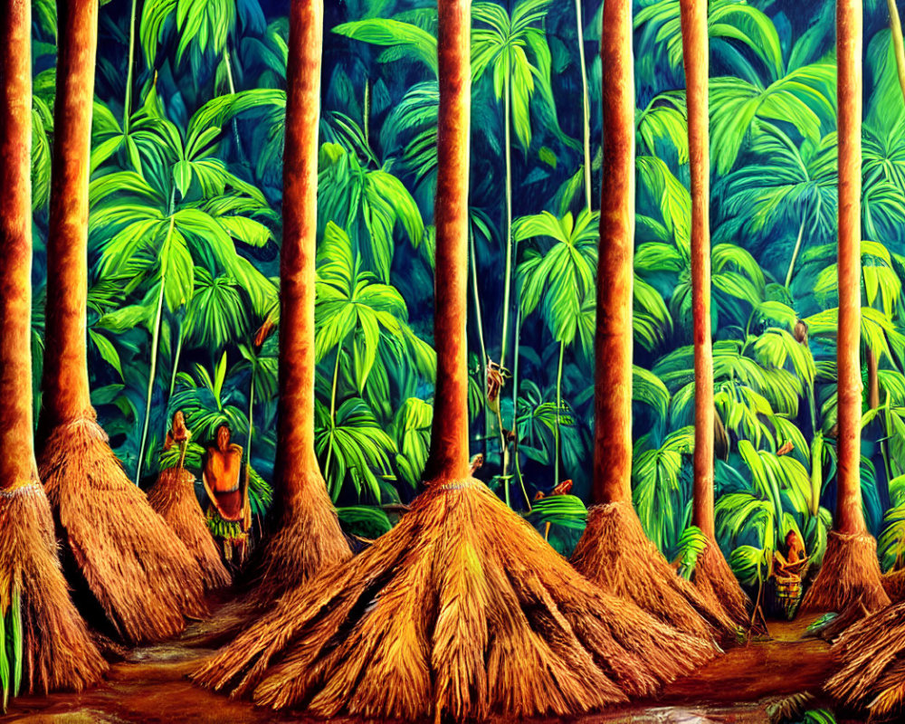 Colorful Jungle Scene with Tall Trees and Hidden Figures
