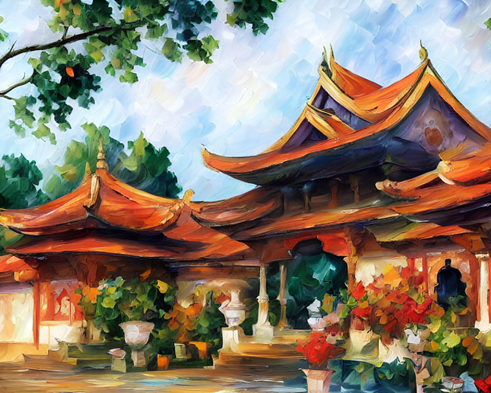 Colorful East Asian Temple Painting Among Foliage and Sky
