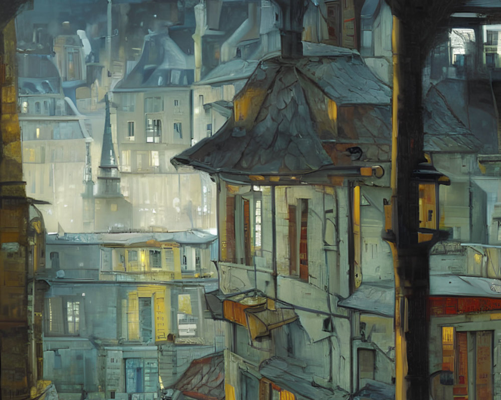Rainy Evening in Old European City: People with Umbrellas, Warm Lights, Hazy Sky