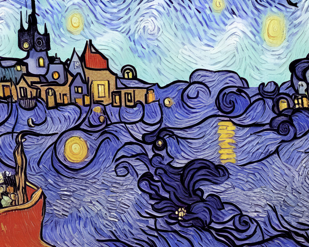 Swirling blue sky with bright stars, crescent moon, and red boat in small town