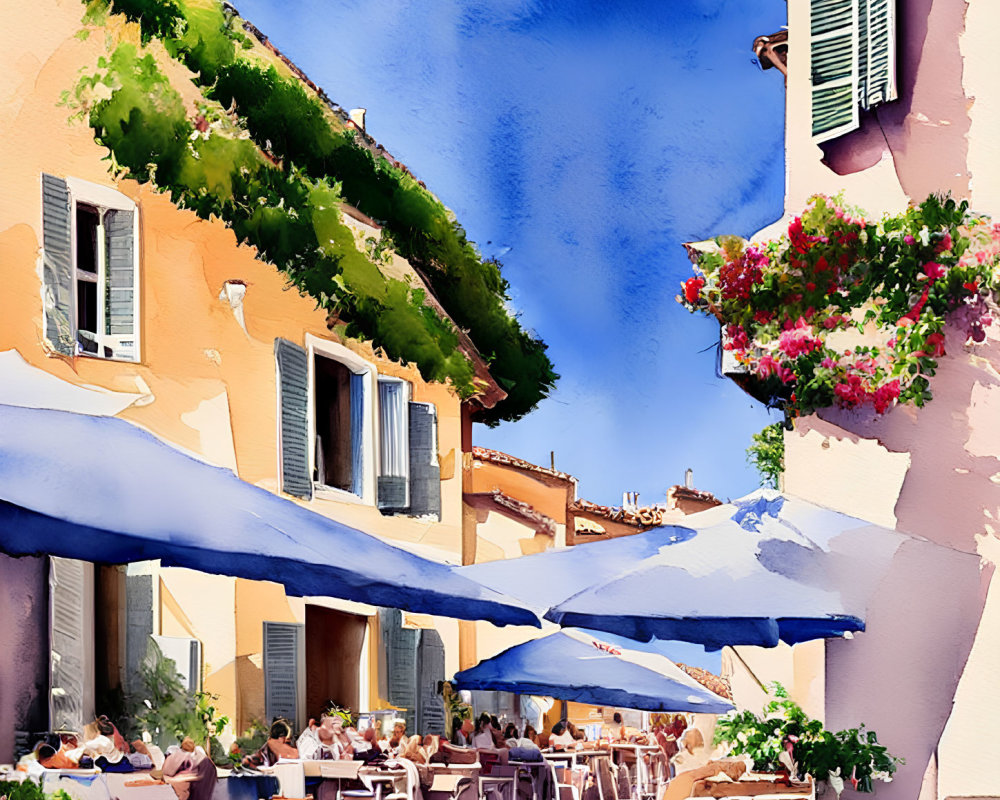Charming outdoor cafe scene with blue umbrellas and colorful buildings
