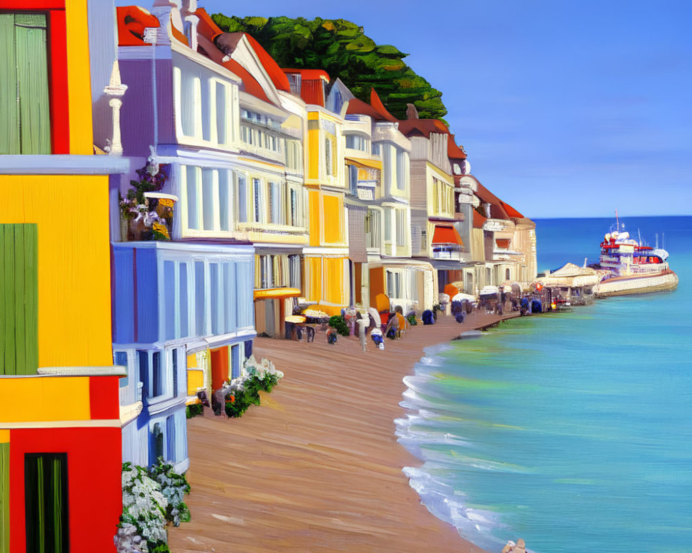 Vibrant seaside promenade with colorful buildings and beach scene